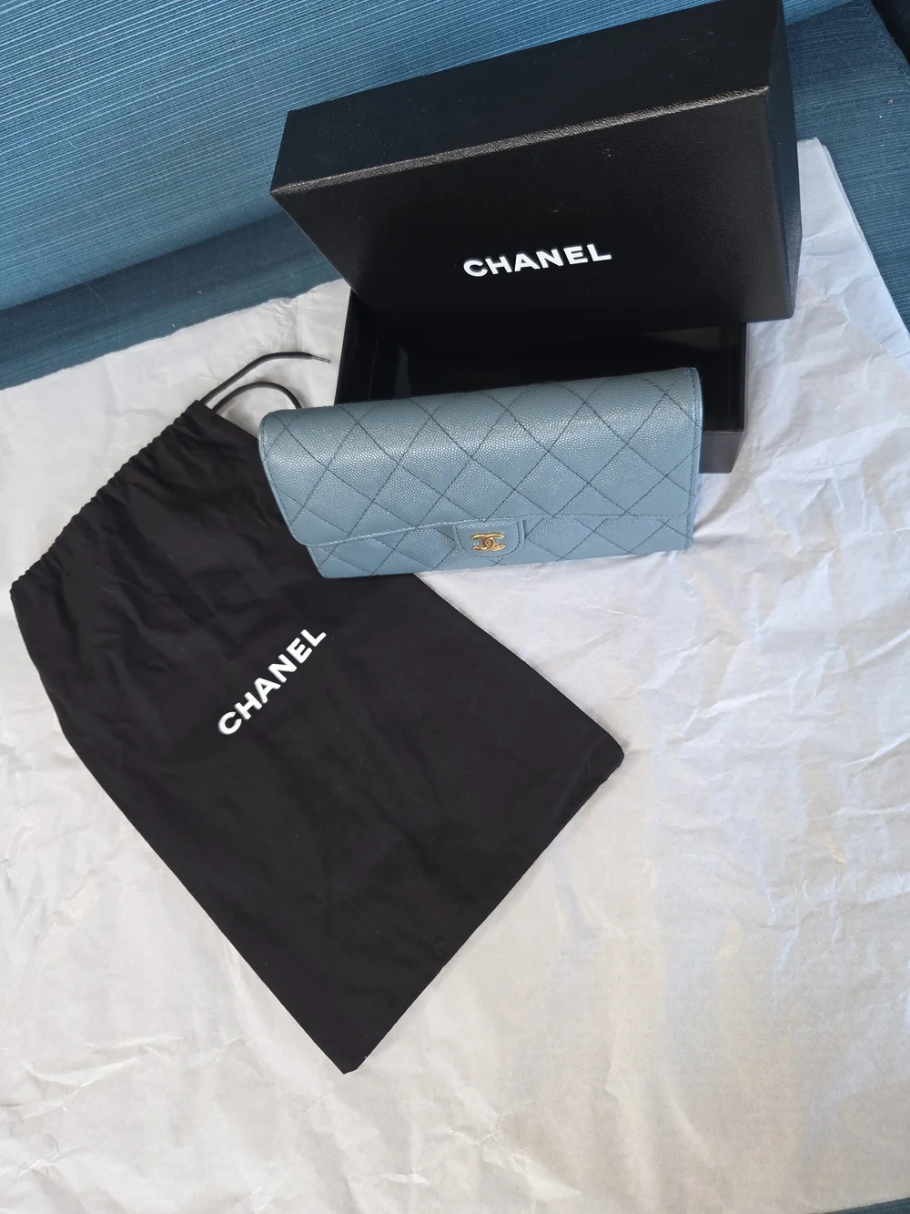 Chanel Quilted Caviar Leather Long Wallet in Light Slate Blue